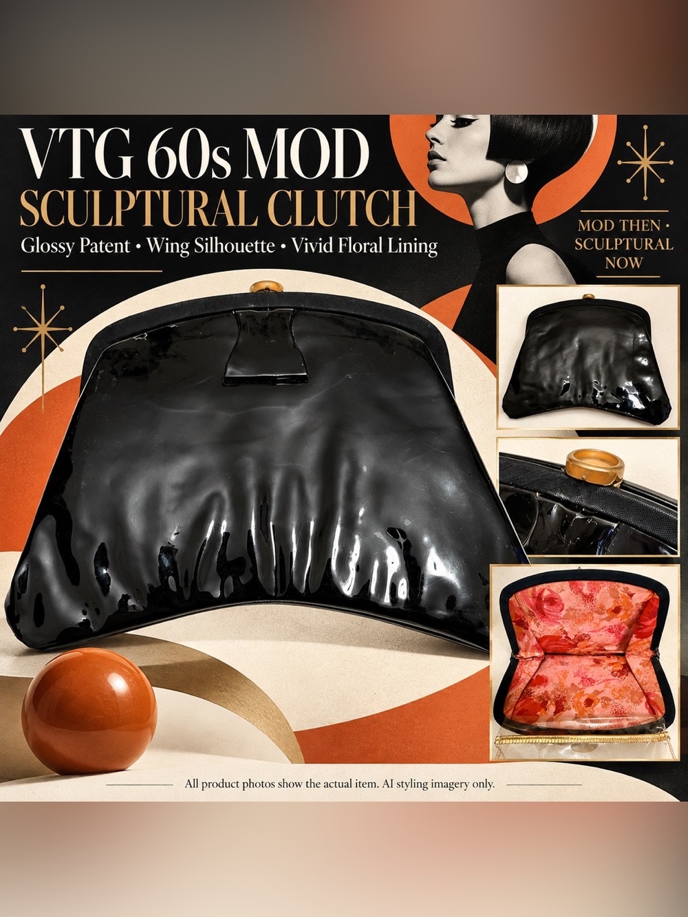 VTG 60s Black Patent Vinyl Sculptural Clutch Mod Wing Shape Evening Bag MCM EUC
